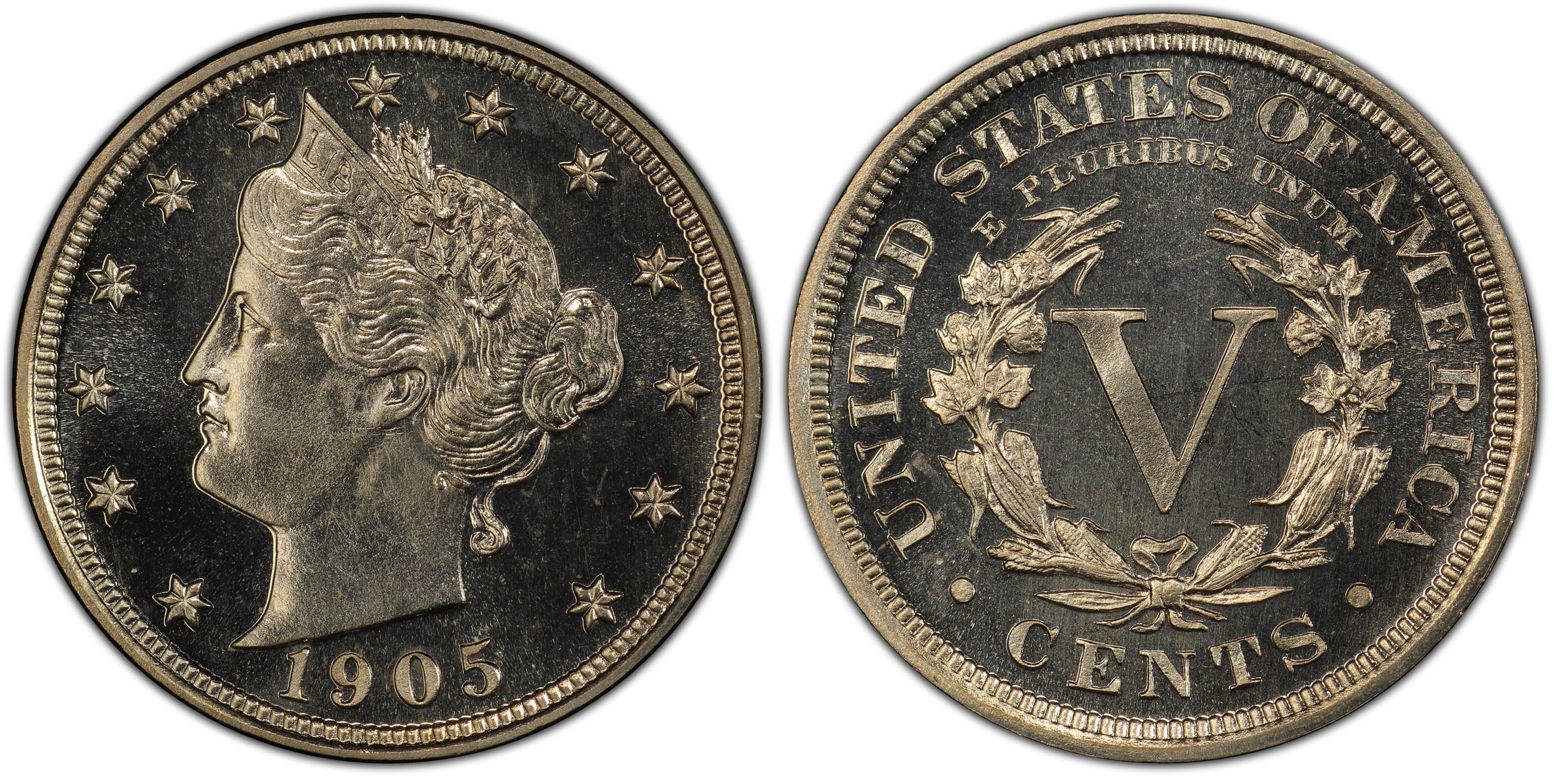 Side-by-side comparison of 1905 Liberty Nickel business strike versus proof showing field reflectivity difference