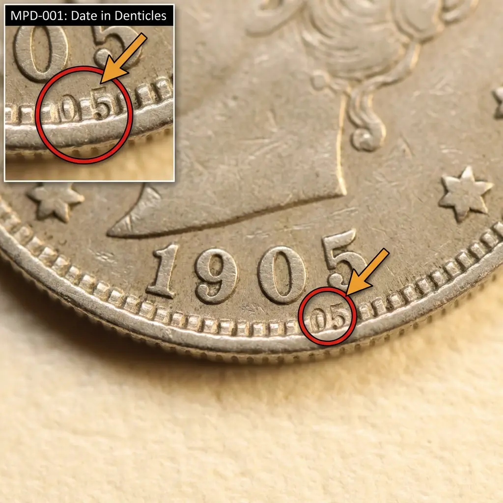 1905 Liberty Nickel MPD-001 Misplaced Date showing numeral tops in denticles