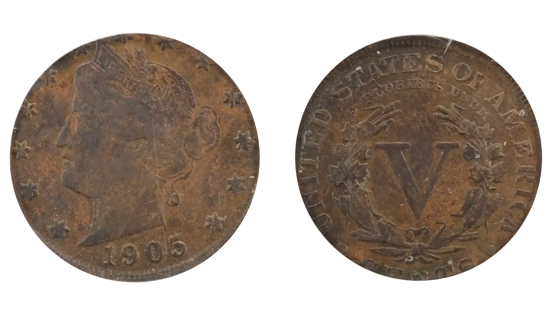 1905 Liberty Nickel off-metal strike on copper planchet showing copper coloration