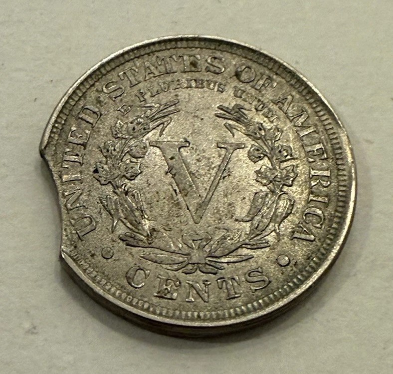 1905 Liberty Nickel clipped planchet error showing curved missing section