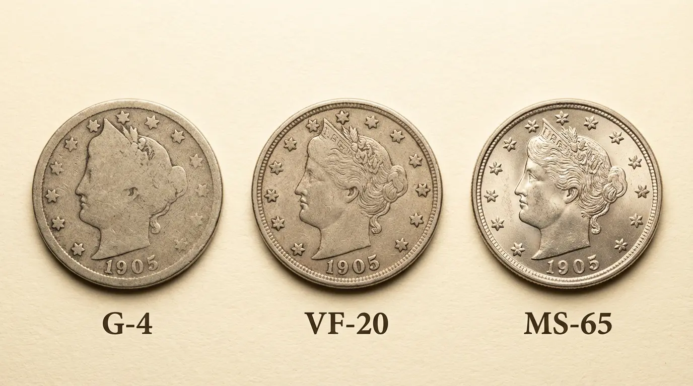 1905 Liberty Nickel grading strip showing Good through Mint State condition tiers